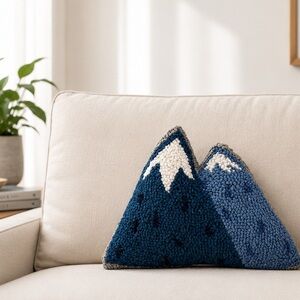 Peking Handicraft Mountain Shaped Wool Hook Blue Throw Pillow 8x12” Velvet Cabin
